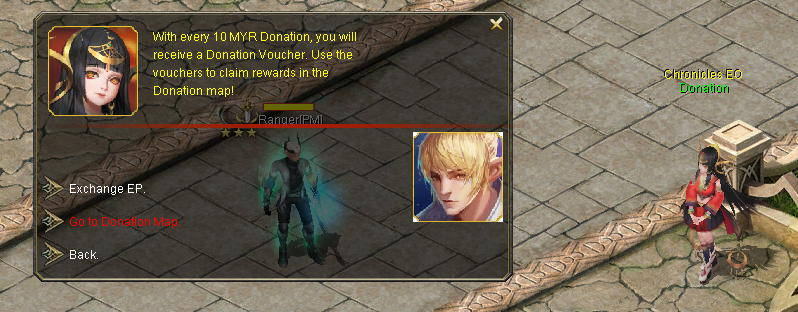 Donation NPC dialog with voucher menu.