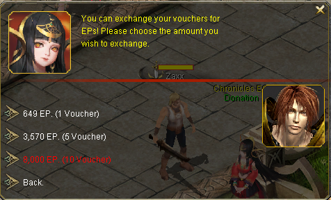 Donation NPC menu listing voucher to EP exchange options.